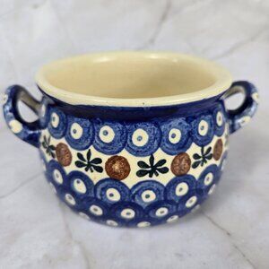 Polish Pottery Small Crock Double Handles Blue White Red Vintage